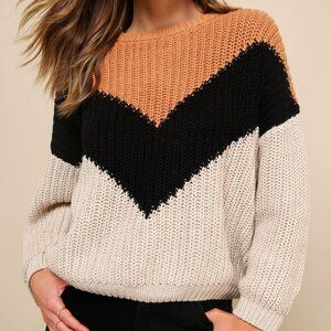 Lulu's Autumn Leaves Tan Multi Chevron Stripe Knit Sweater – Size XL